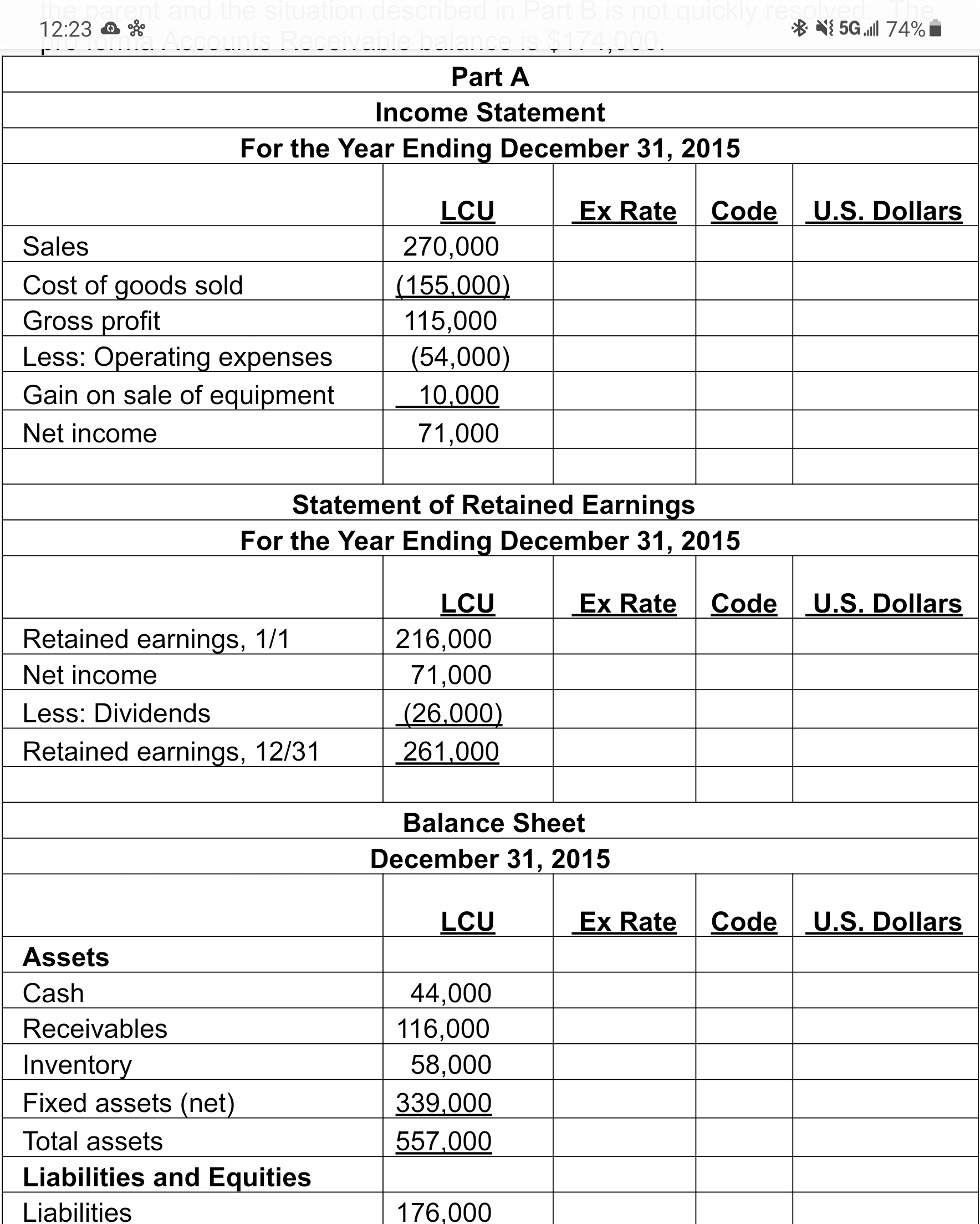 Part A Using the information below, translate the December 31, 2015 pro