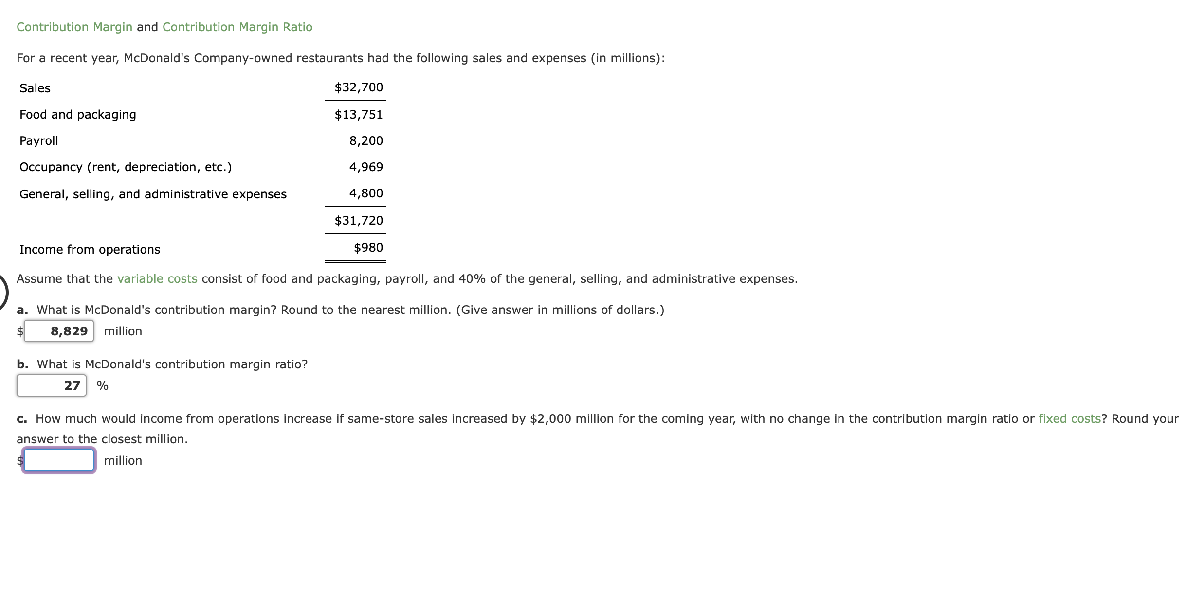  Contribution Margin and Contribution Margin Ratio For a recent year, McDonald's