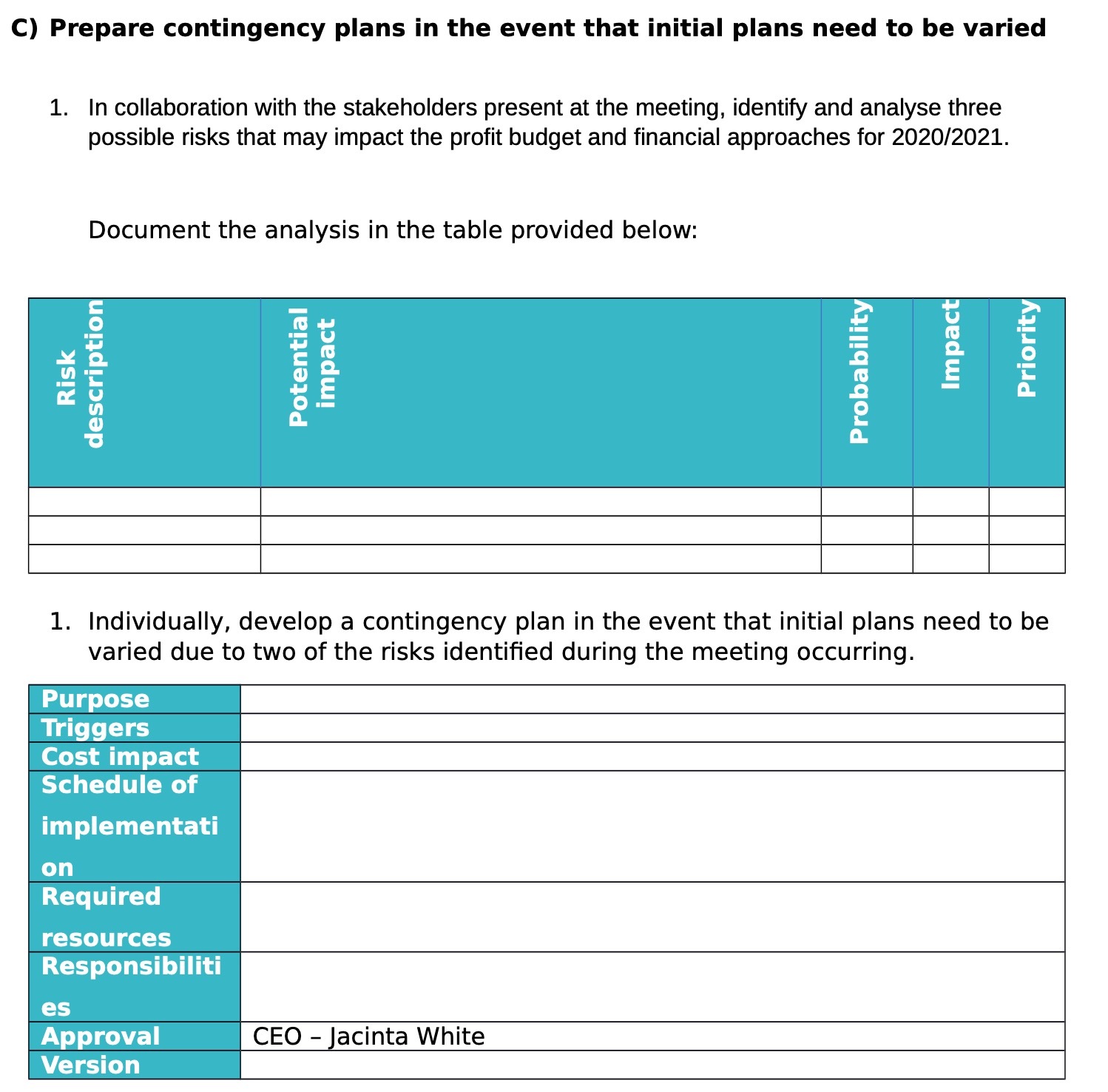 C) Prepare contingency plans in the event that initial plans need