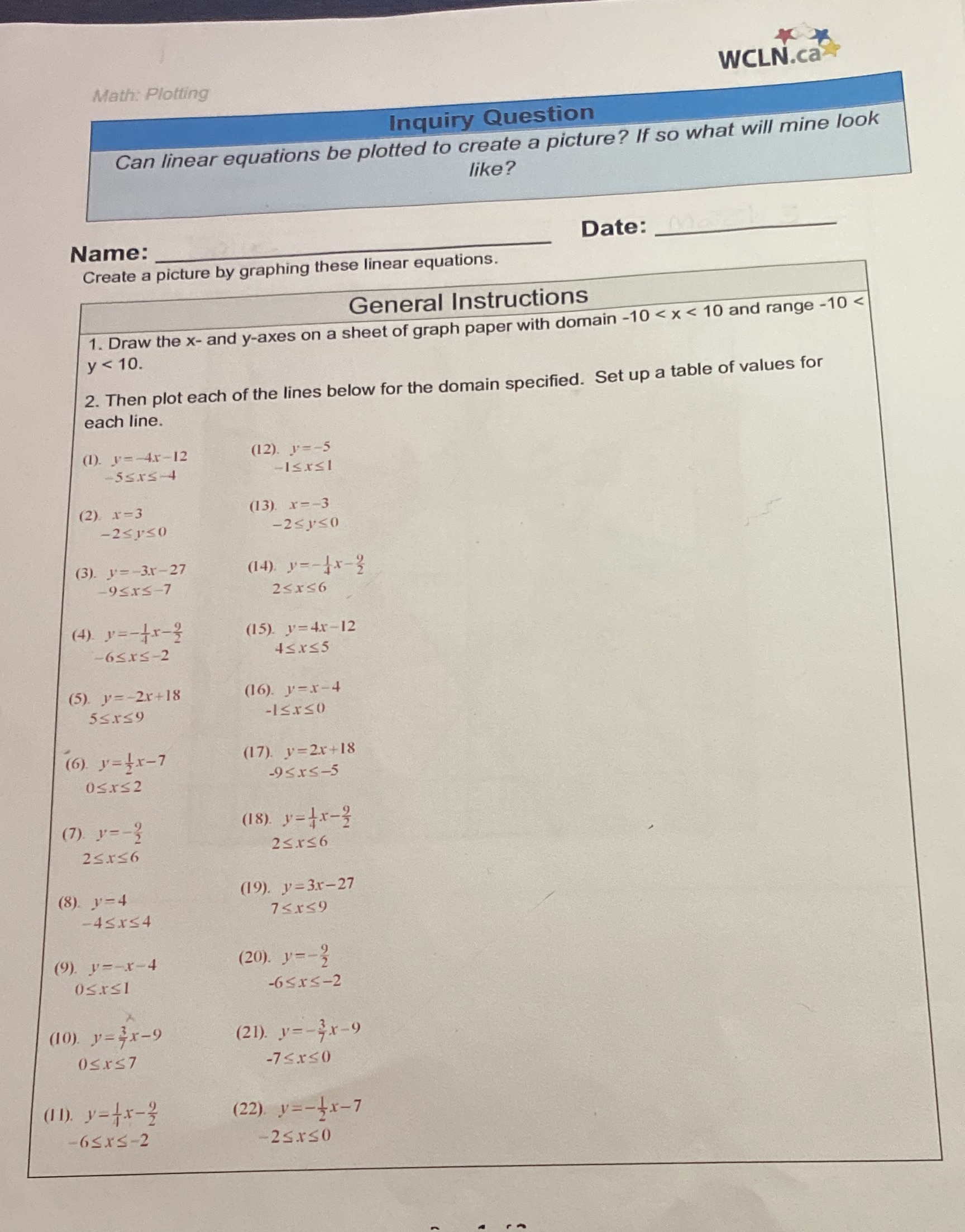  WCLN.ca Math: Plotting Inquiry Question Can linear equations be plotted to