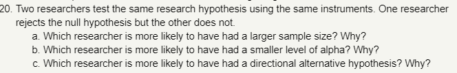  20. Two researchers test the same research hypothesis using the same