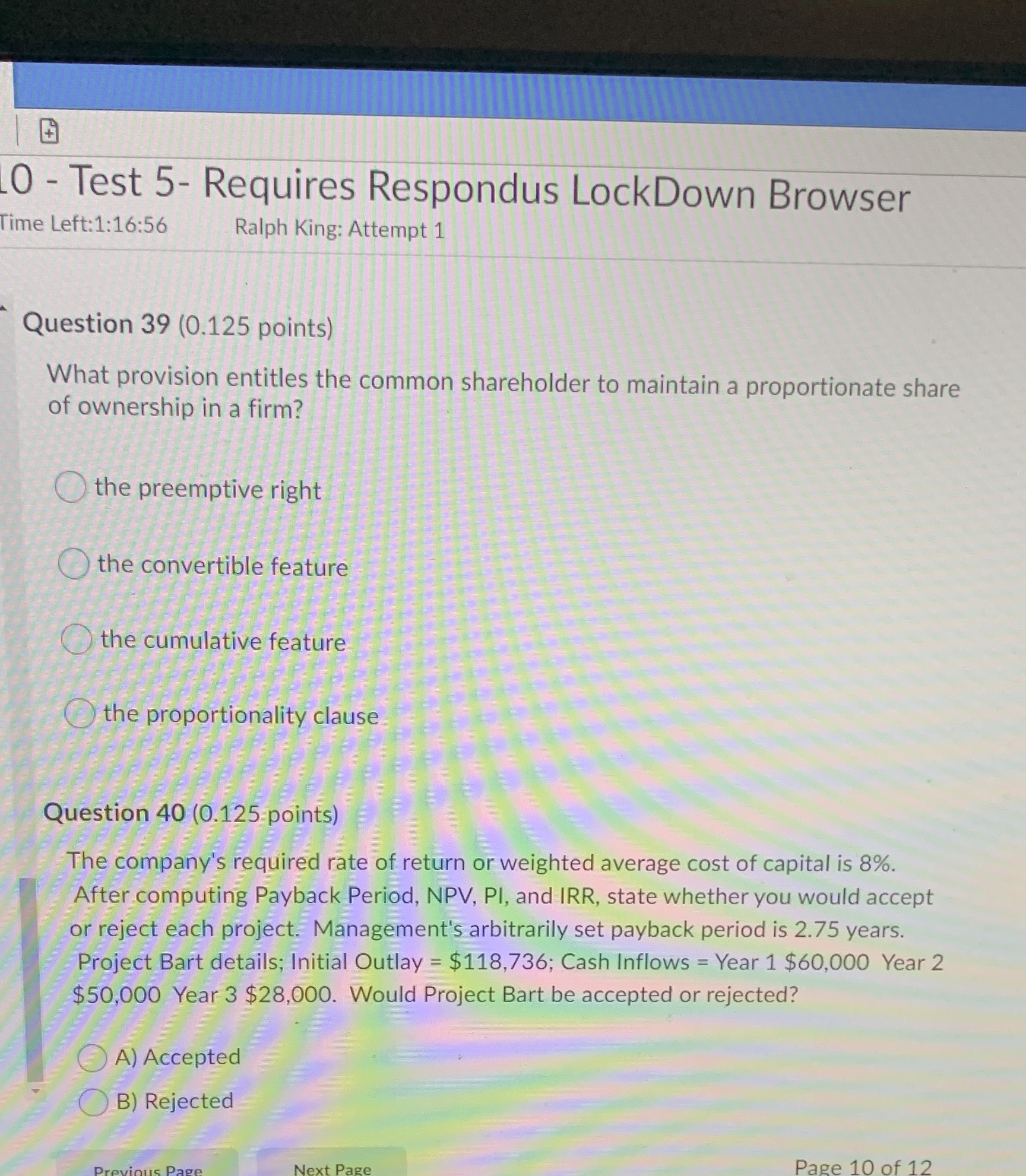  0 - Test 5- Requires Respondus LockDown Browser Time Left:1:16:56 Ralph