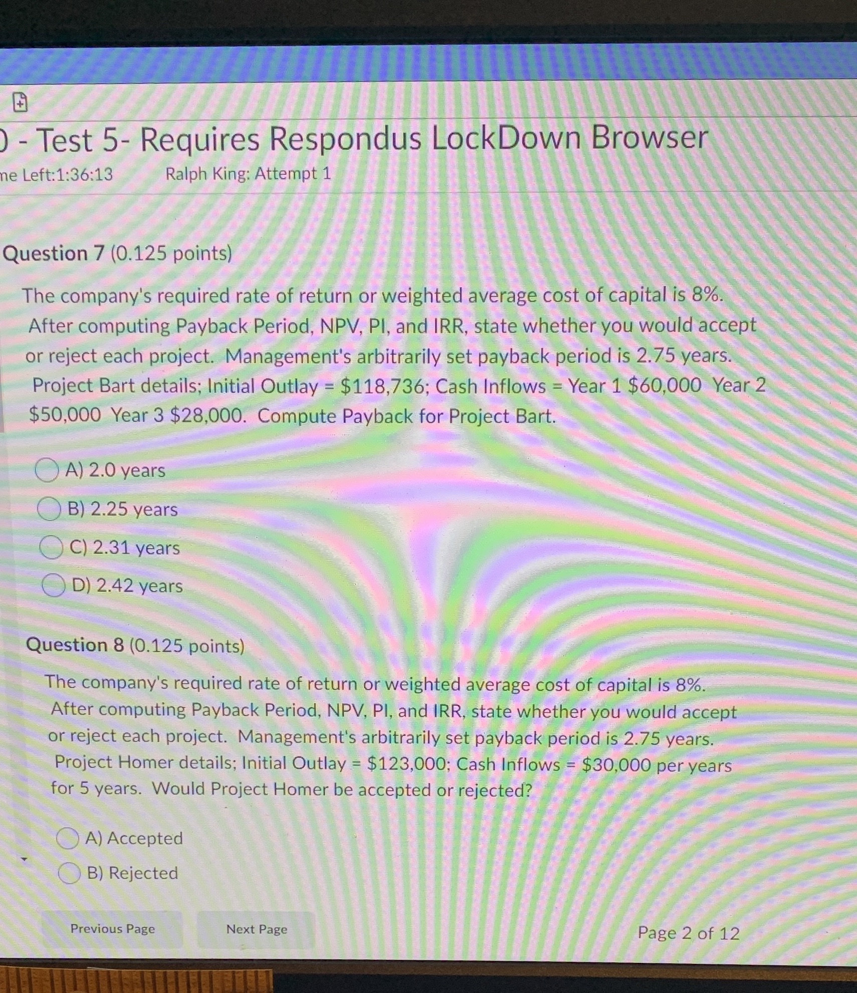  - Test 5- Requires Respondus LockDown Browser ne Left:1:36:13 Ralph King:
