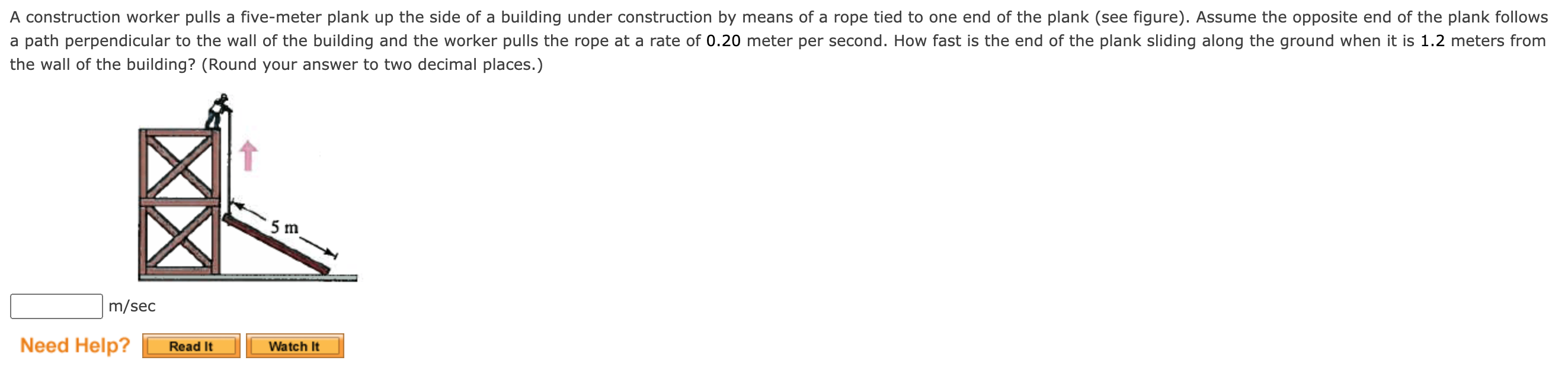 A construction worker pulls a five-meter plank up the side of