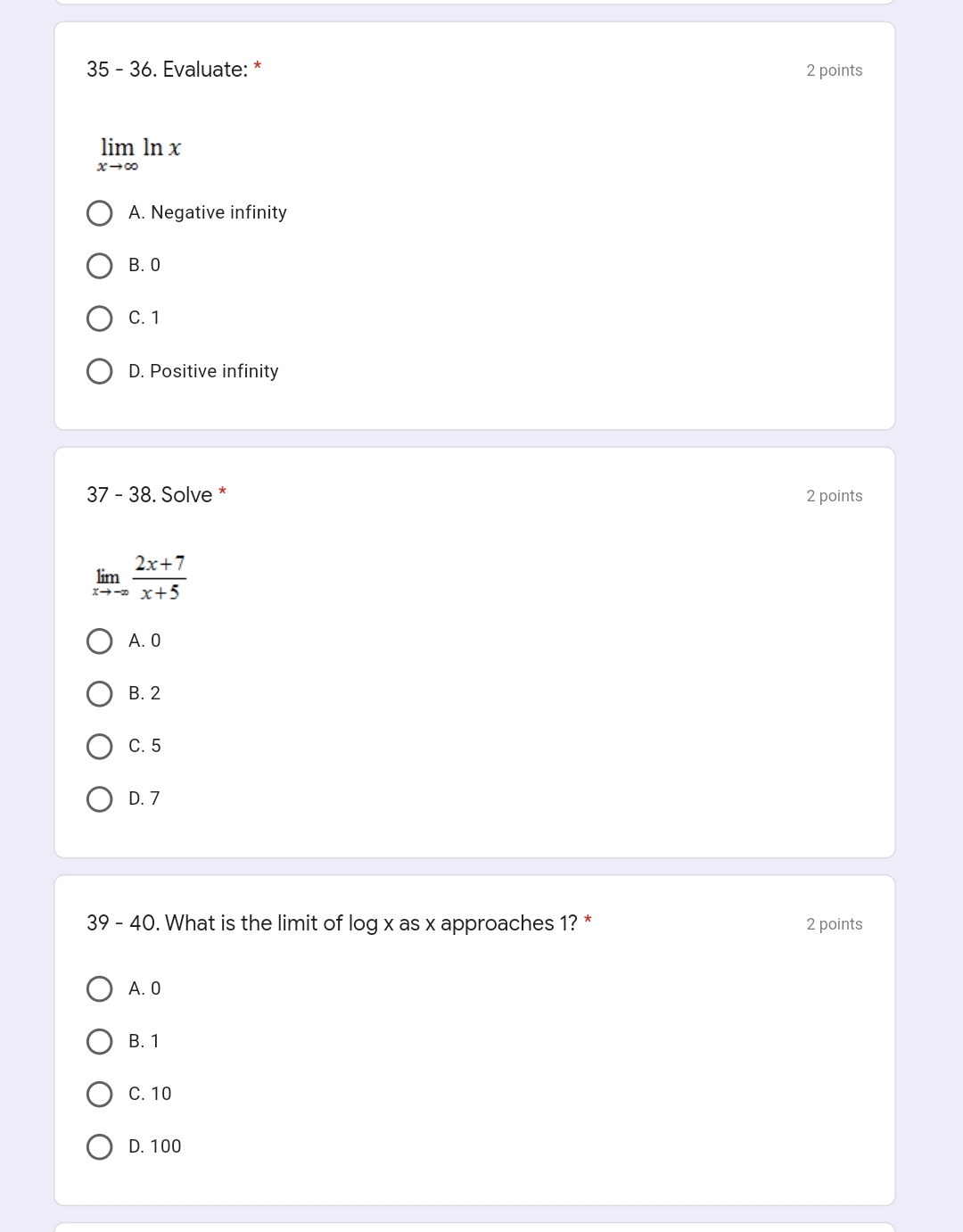 ANSWERS ONLY 35 - 36. Evaluate: * 2 points lim In x