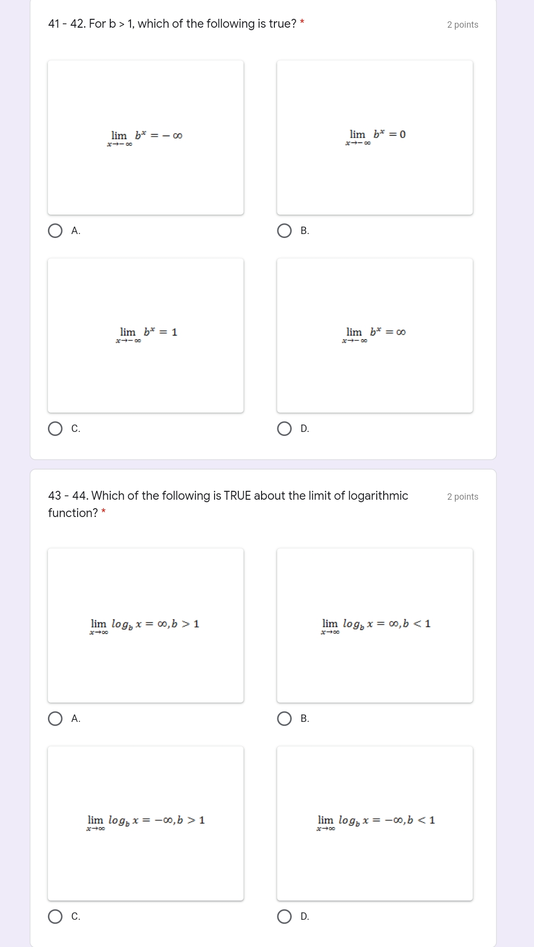 x-+00 O A. Negative infinity O B. O O C. 1 D.