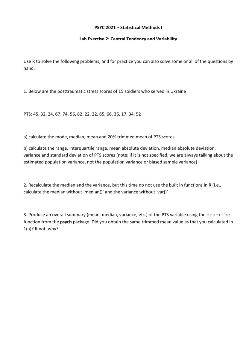  PSYC 2021 - Statistical Methods I Lab Exercise 2: Central Tendency
