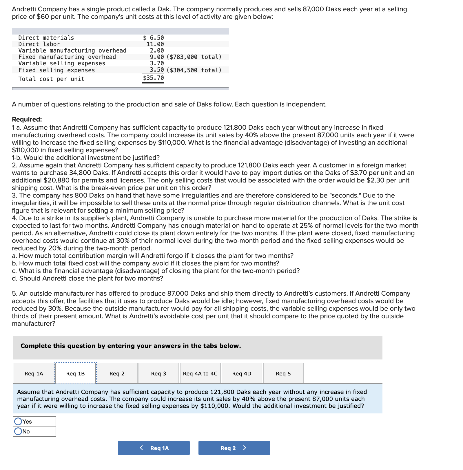 the same question. Andretti Company has a single product called a Dak.