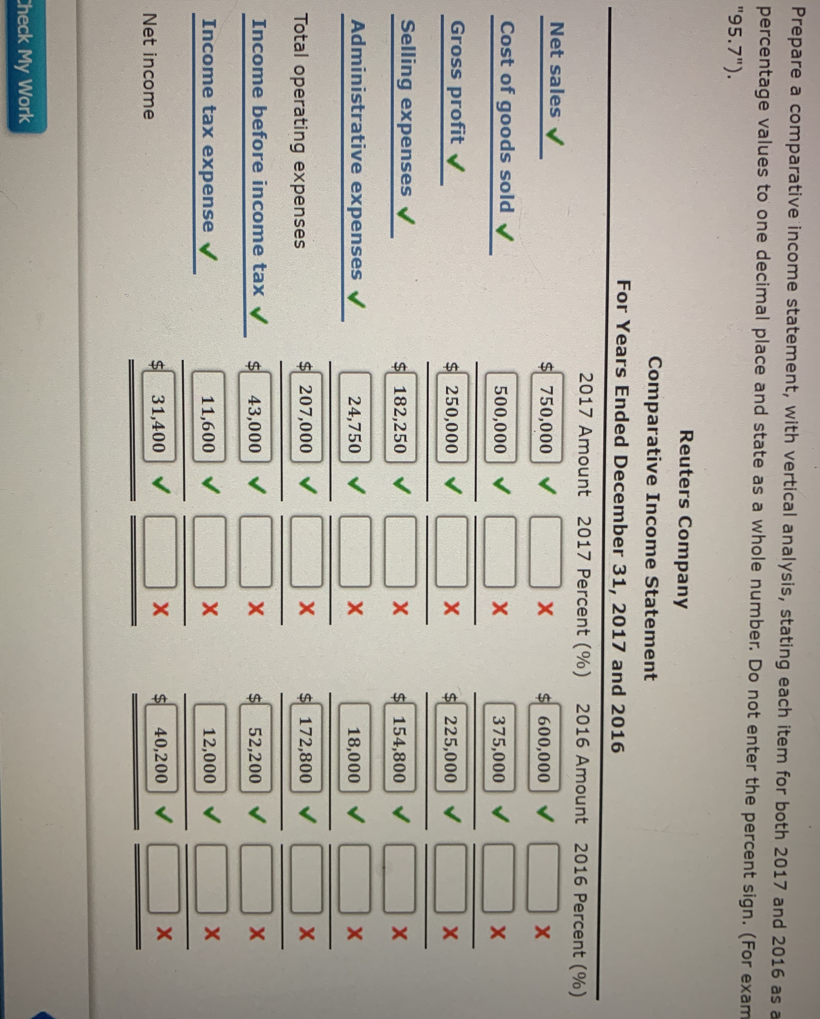 How do I calculate the 2017% in 2016% Prepare a comparative income