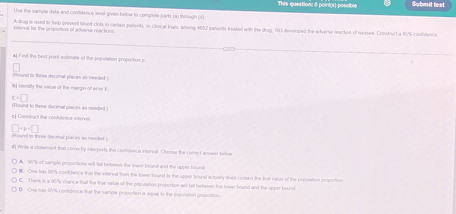  This question: 6 point(s) possible Submit test Use the sample data