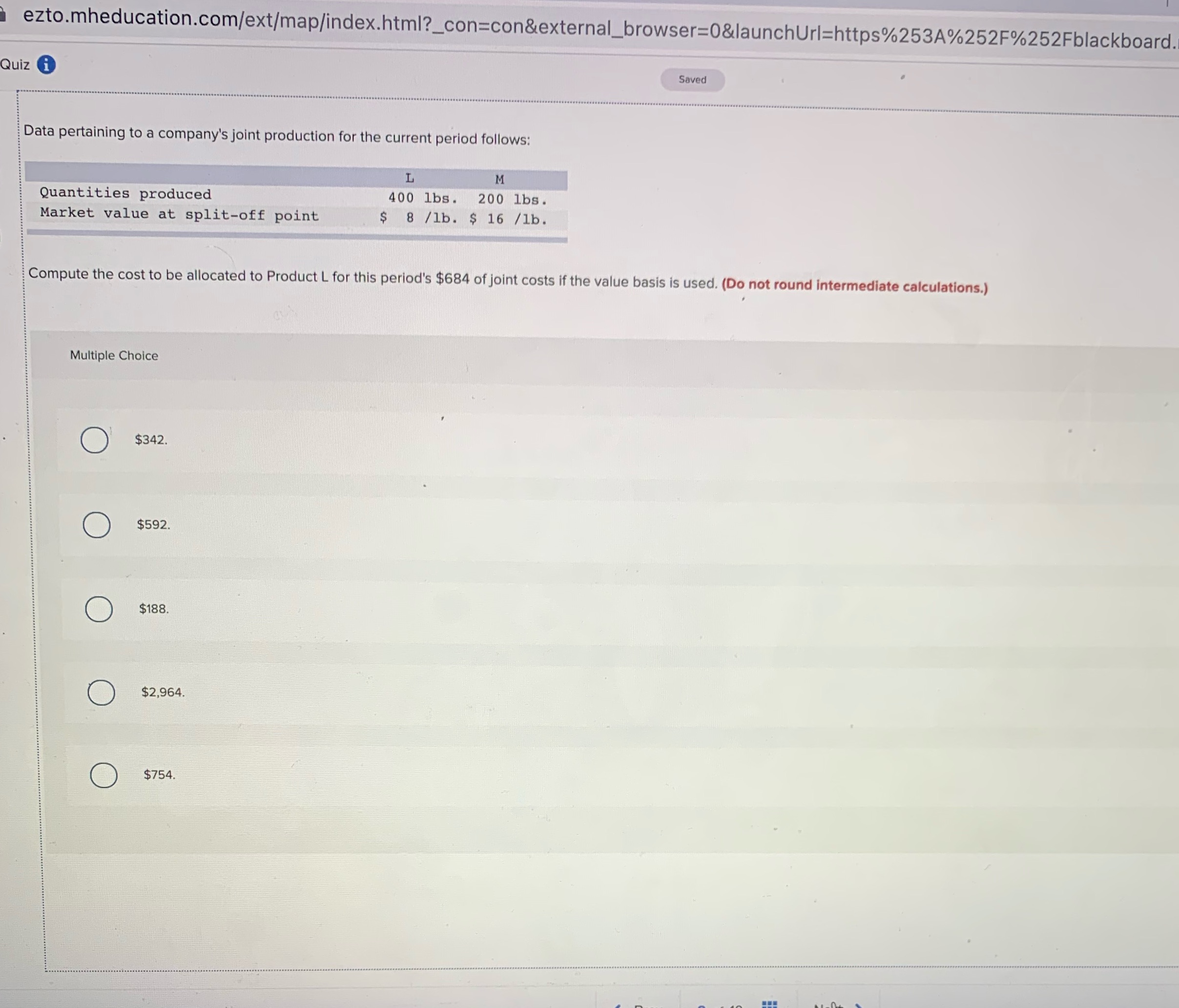  ezto.mheducation.com/ext/map/index.html?_con=con&external_browser=0&launchUrl=https%253A%252F%252Fblackboard. Quiz i Saved Data pertaining to a company's joint production