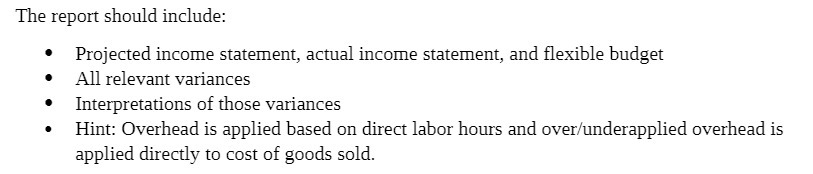  The report should include: ' Projected income statement, actual income statement,
