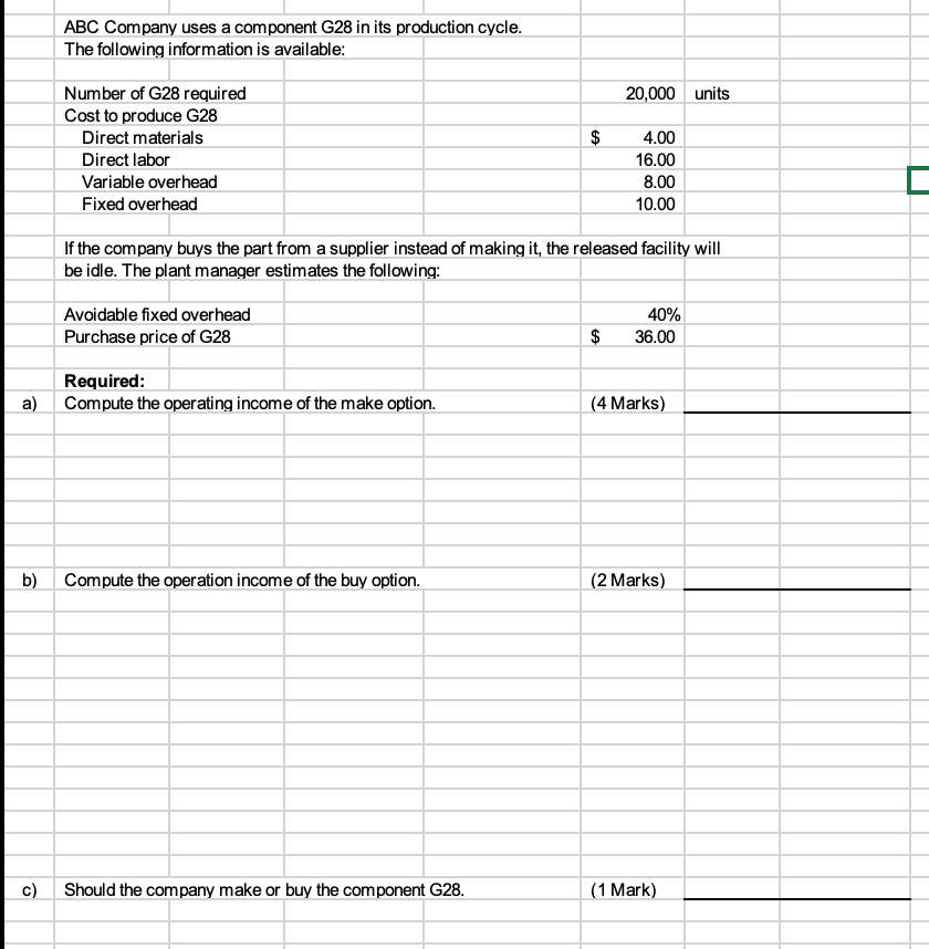 PLEASE ANSWER ABC Company uses a component G28 in its production cycle.