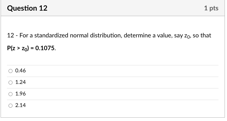 Question 12 1 pts 12 - For a standardized normal distribution,