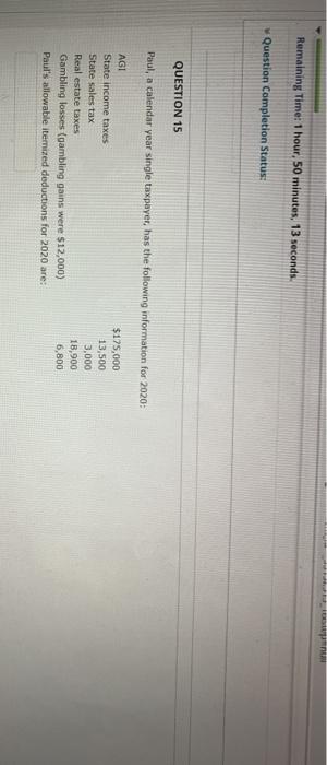 Remaining Time: 1 hour, 50 minutes, 13 seconds. Question Completion Status: QUESTION