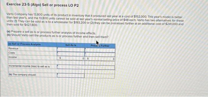  Exercise 23-5 (Algo) Sell or process LO P2 Varto Company has