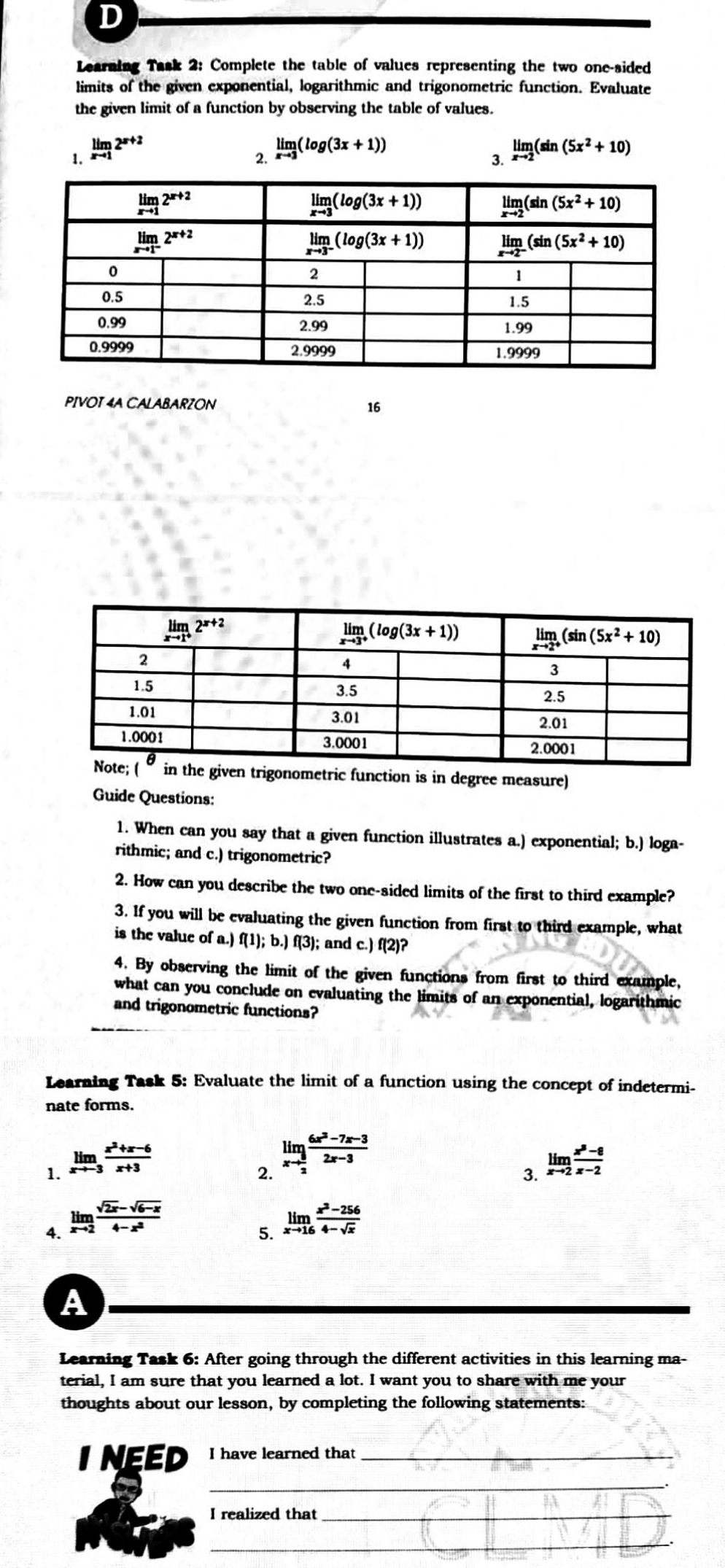 SOLVE THE FOLLOWING WITH SOLUTION D Learning Task 2: Complete the table