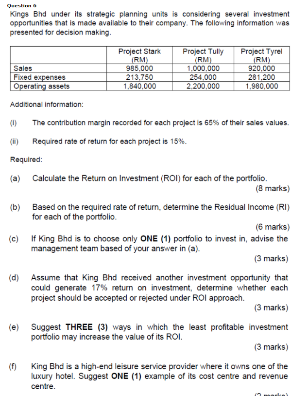  Question 6 Kings Bhd under its strategic planning units is considering