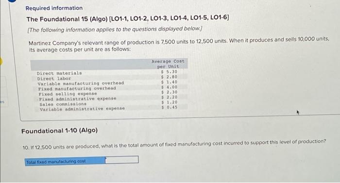 follows: Direct materials Direct labor Variable manufacturing overhead Fixed manufacturing overhead Tixed