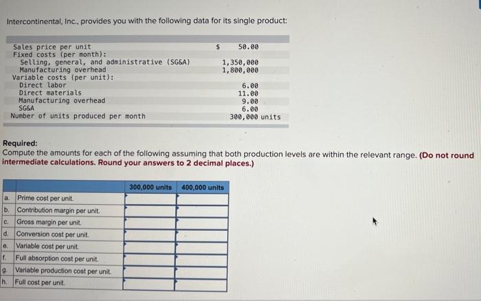  Intercontinental, Inc., provides you with the following data for its single