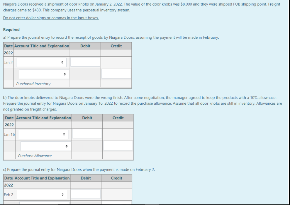 Niagara Doors received a shipment of door knobs on January 2, 2022.