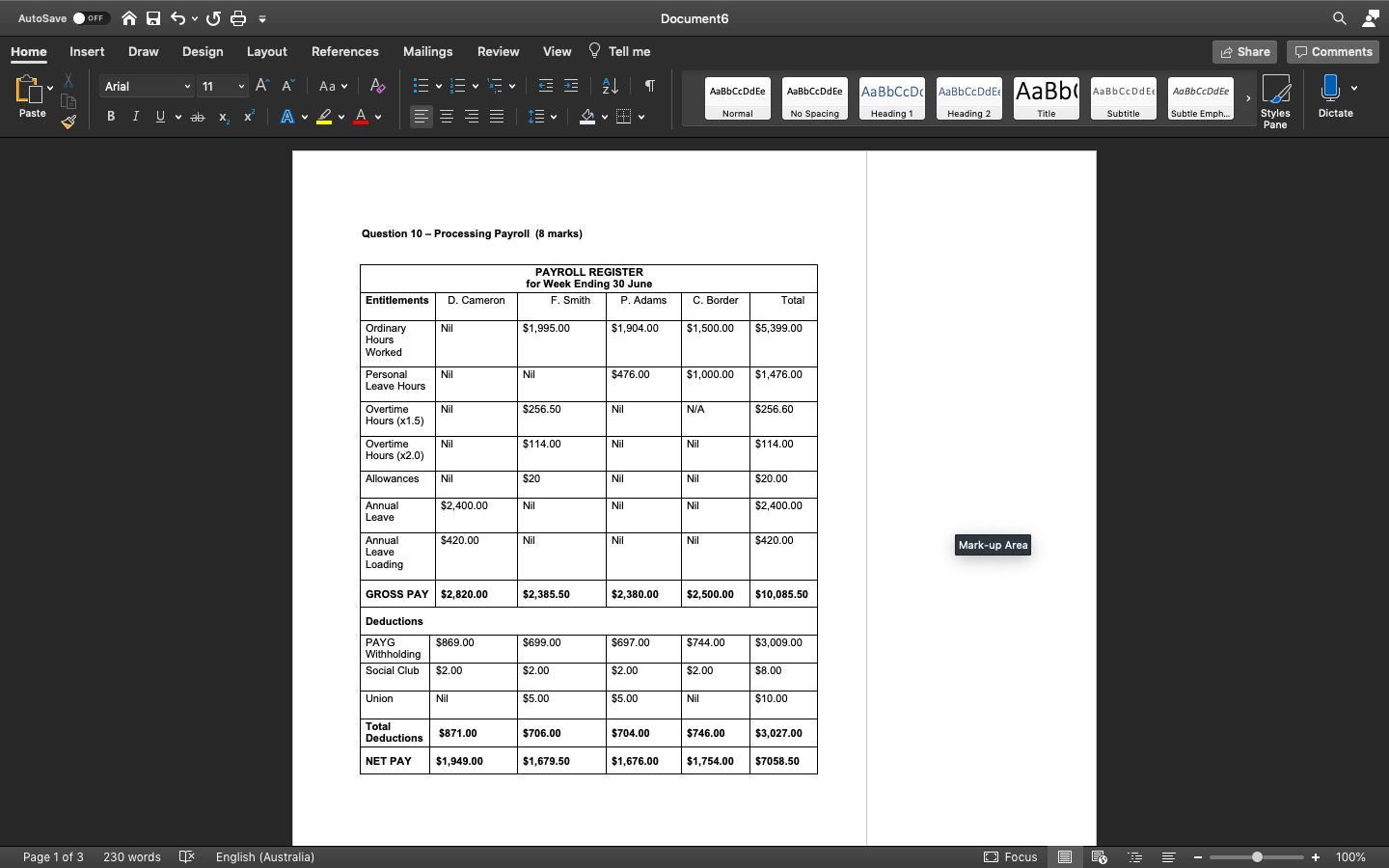 Processing Payroll AutoSave . OFF Document6 Q Home Insert Draw Design Layout