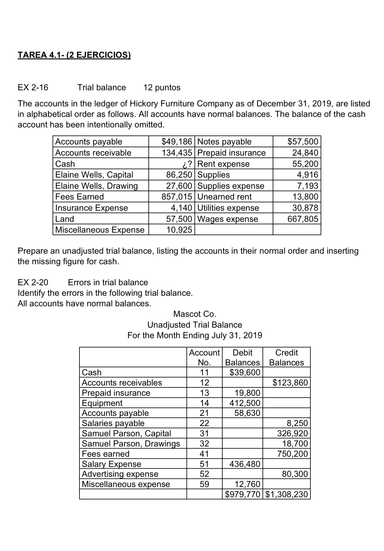 Accounting tarea. 4.1 TAREA 4.1- (2 EJERCICIOS) EX 2-16 Trial balance 12