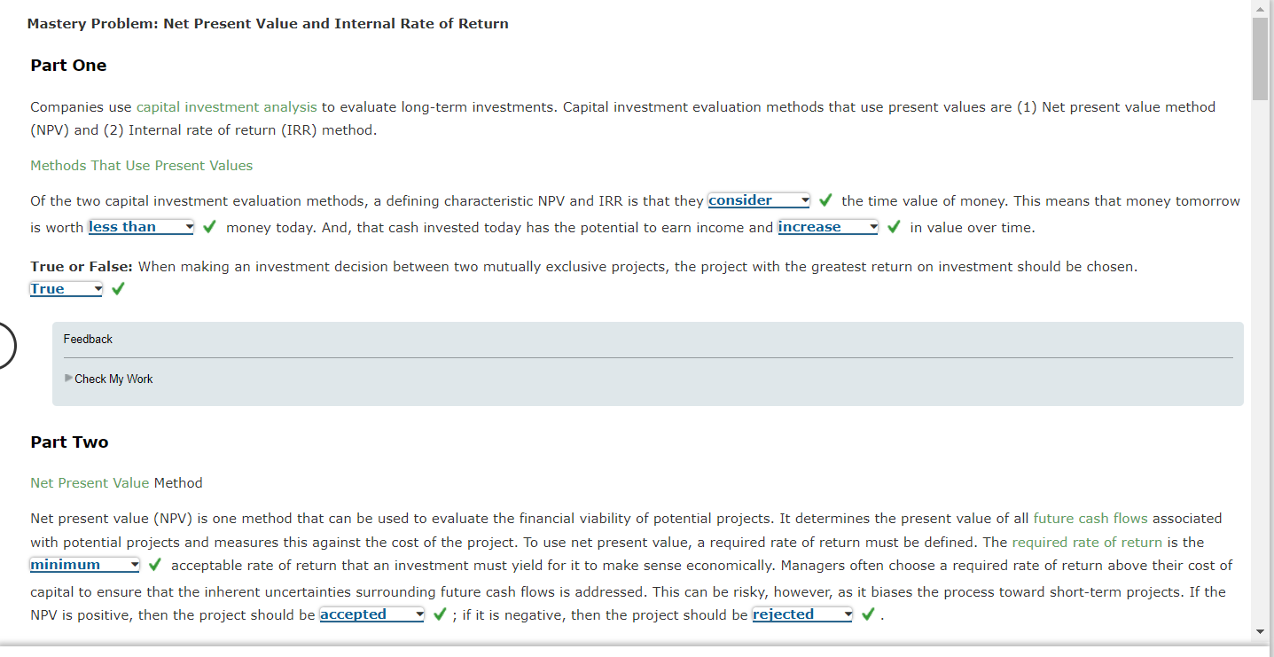 Mastery Problem: Net Present Value and Internal Rate of Return Part