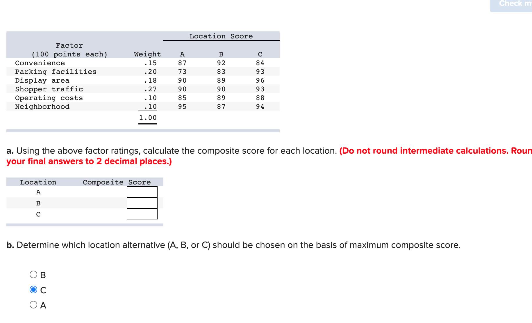 Help with this homework questions Location Score Factor (100 points each) Weight