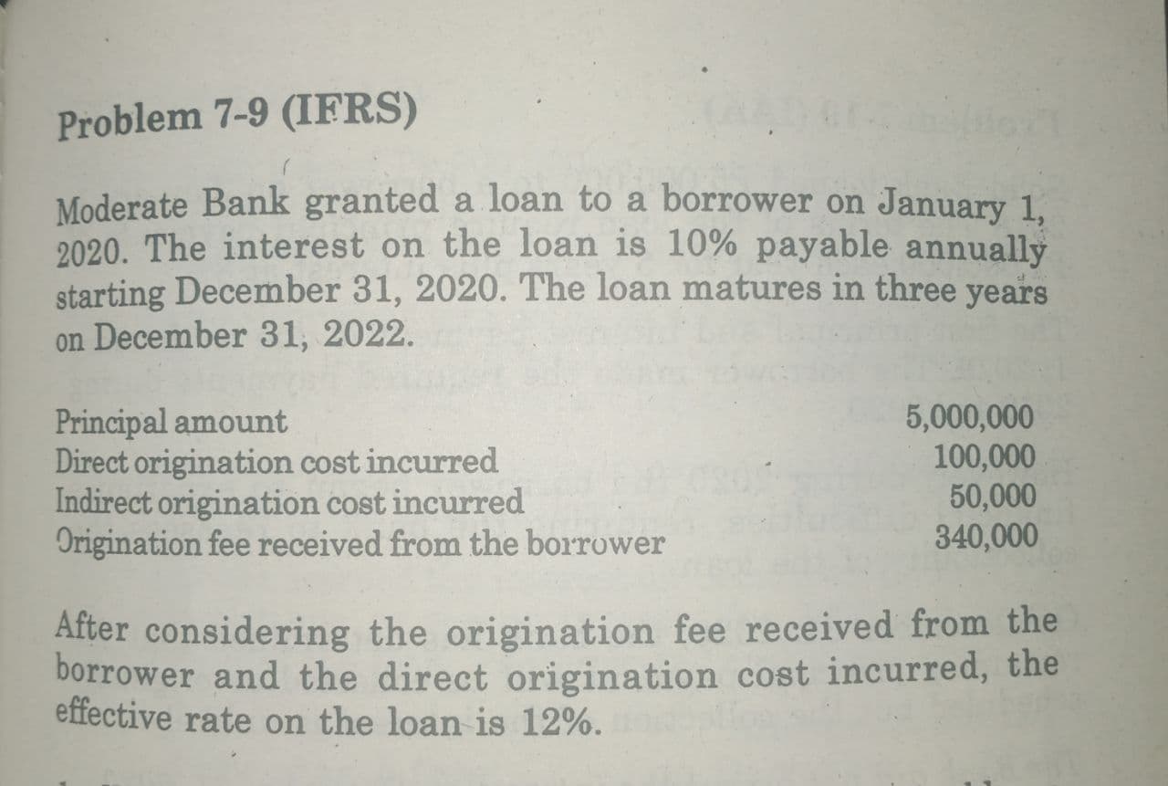 This is the problem provided: Problem 7-9 (IFRS) Moderate Bank granted a