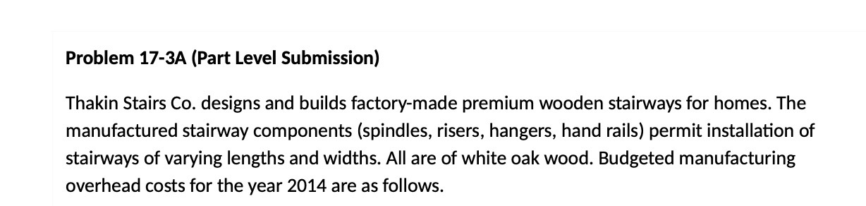 Problem 17-3A (Part Level Submission) Thakin Stairs Co. designs and builds