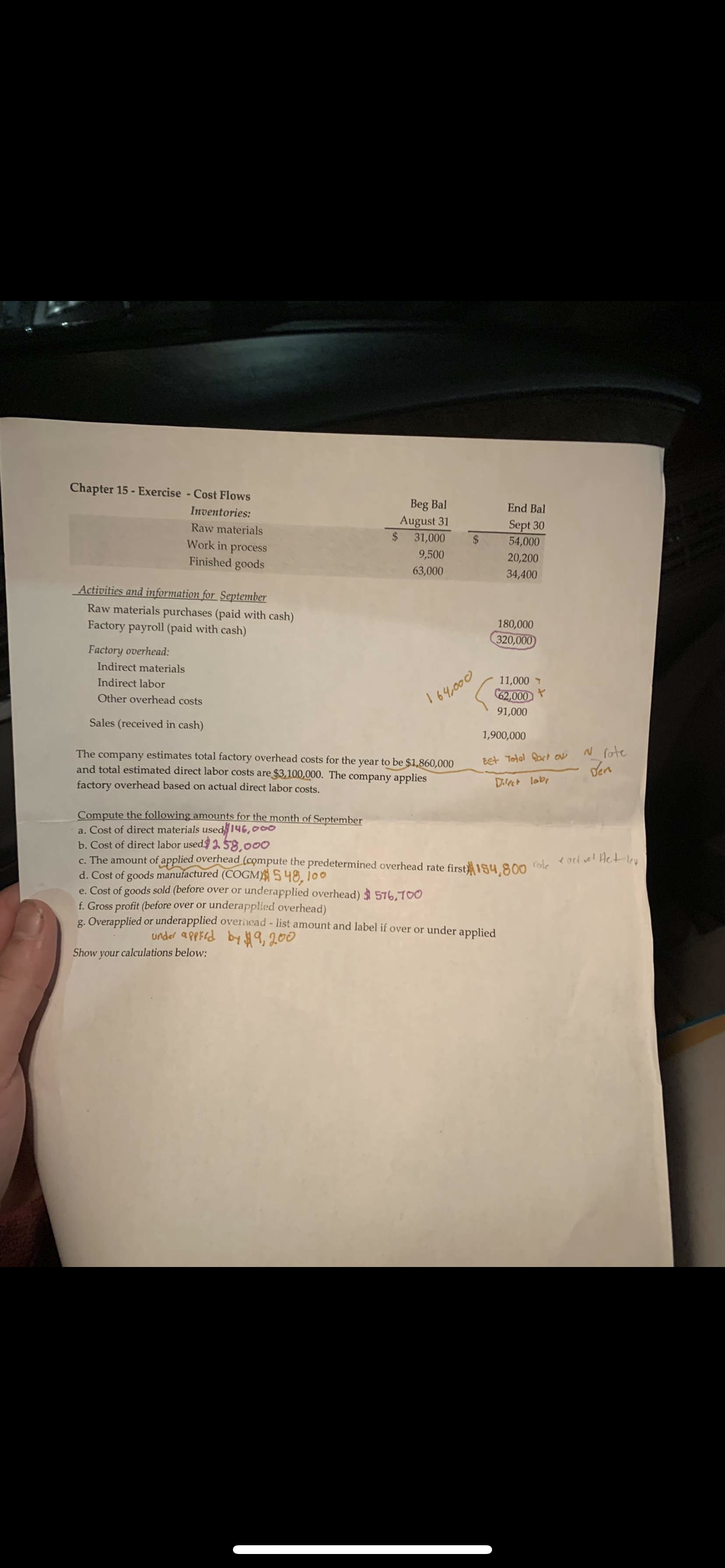 Chapter 15 - Exercise - Cost Flows Inventories: Raw materials Work in