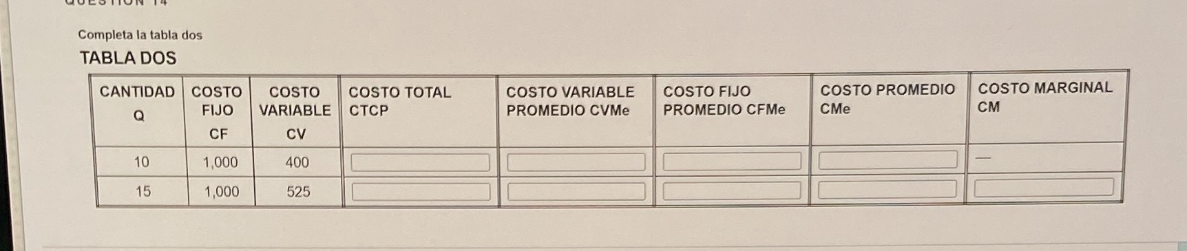 Completa la tabla dos TABLA DOS CANTIDAD COSTO COSTO VARIABLE cv COSTO