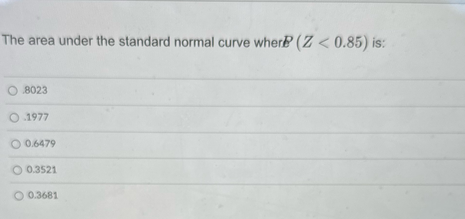 The area under the standard normal curve wherP (Z < 0.85) is: