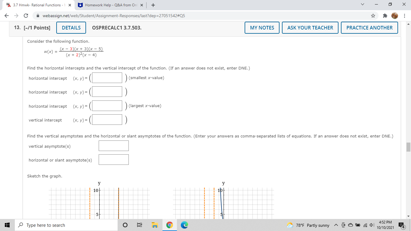 the graph to find the vertical asymptote of the rational function. y