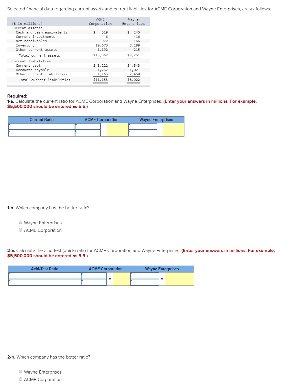 please solve thanks Selected nancial data regarding current assets and current liabilities