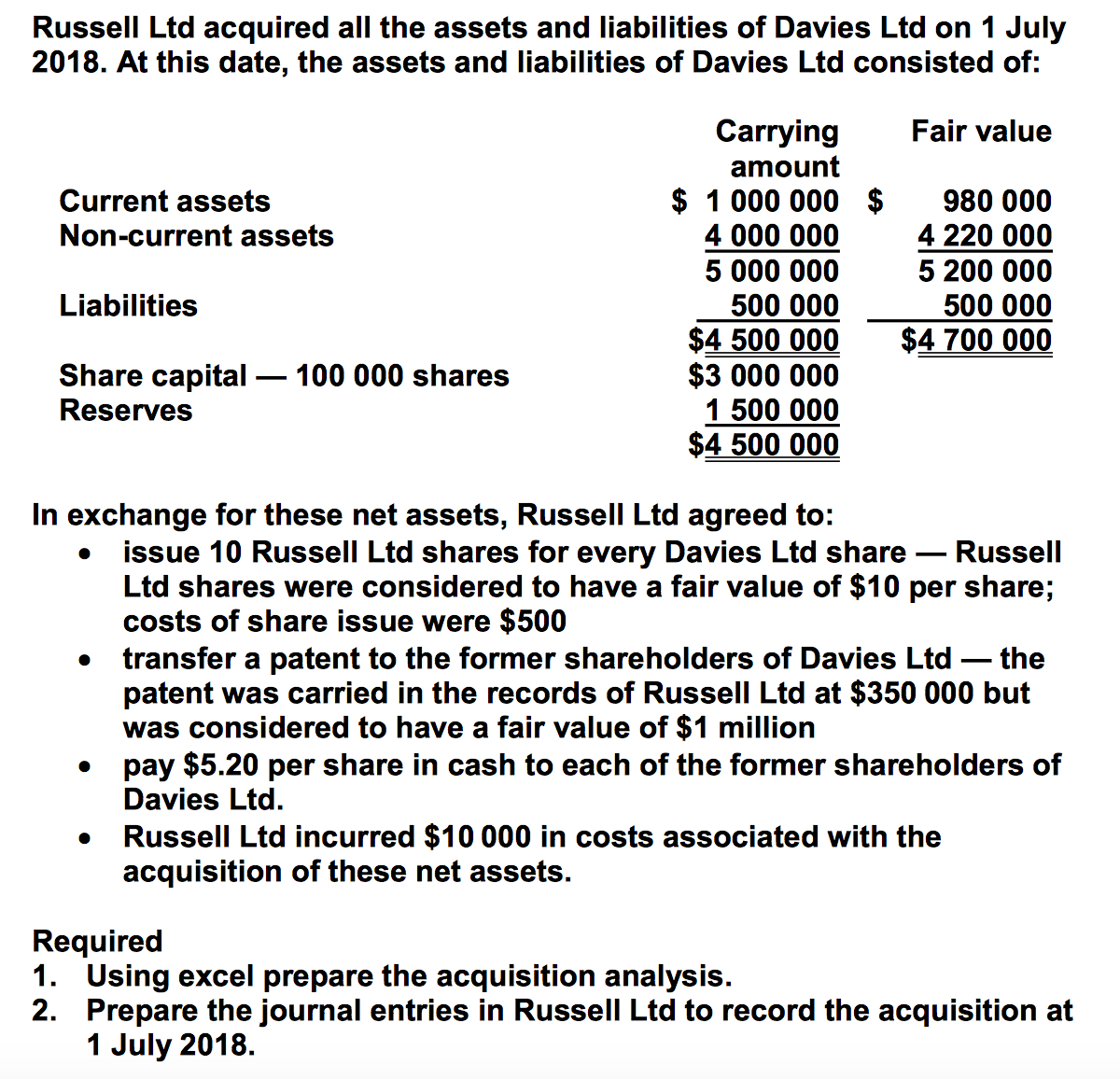 Required Using excel prepare the acquisition analysis. Prepare the journal entries in