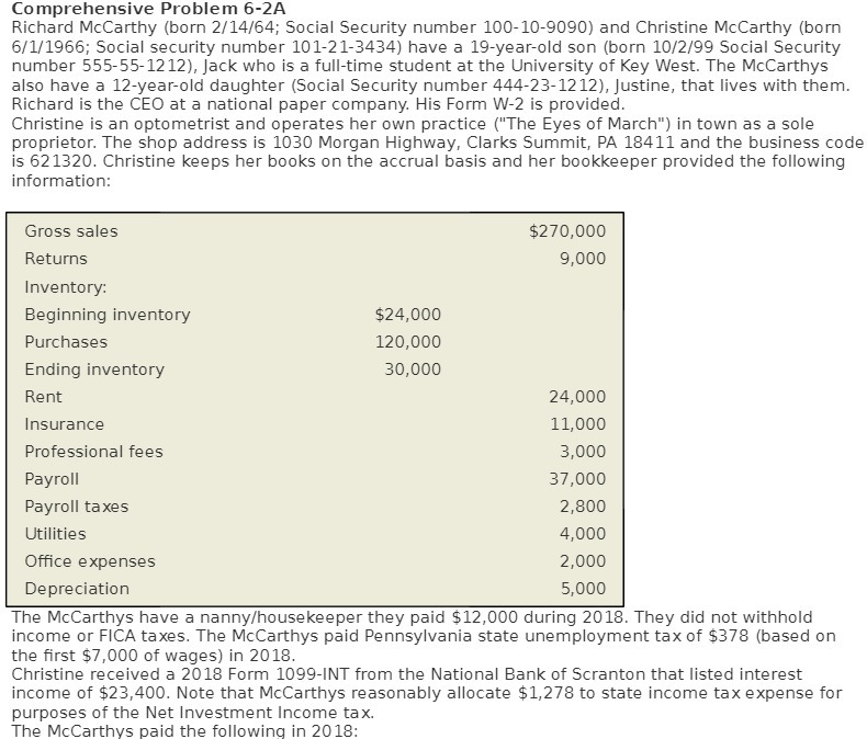  Comprehensive Problem 6-2A Richard Mccarthy (born 2/14/64; Social Security number 100-10-9090)