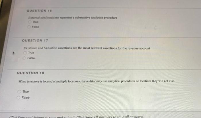16 External confirmations represent a substantive analytics procedure True False QUESTION 17