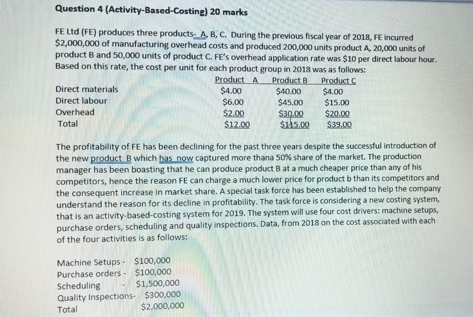 4 (Activity-Based-Costing) 20 marks FE Ltd (FE) produces three products- A, B,
