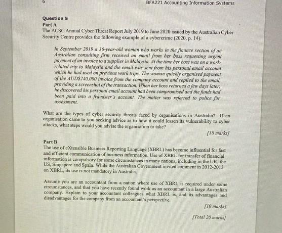 BFA221 Accounting Information Systems Question 5 Part A The ACSC Annual Cyber