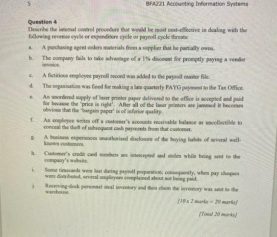 5 BFA221 Accounting Information Systems Question 4 Describe the internal control procedure