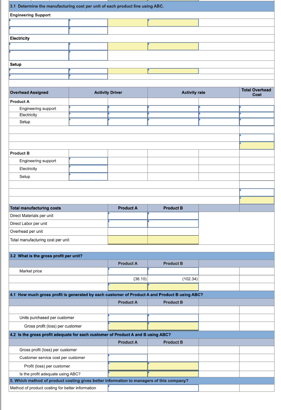 Direct materials Direct labor hours Machine hours Batches Product A $20 per