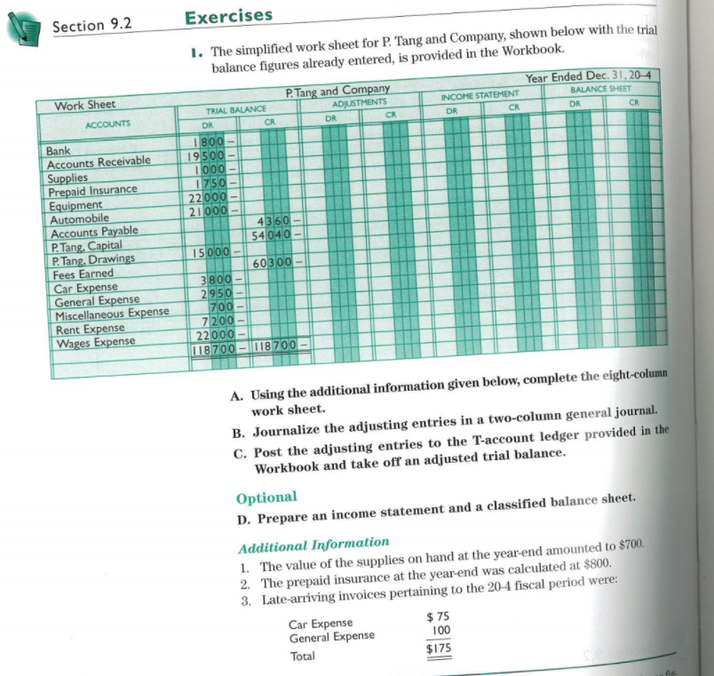 9.2 Work Sheet Exercises 1. The simplified work sheet for P. Tang
