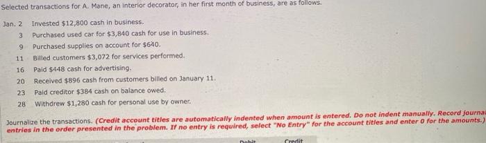 Selected transactions for A. Mane, an interior decorator, in her first month