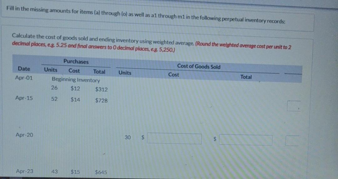 Fill in the missing amounts for items (a) through (o) as well