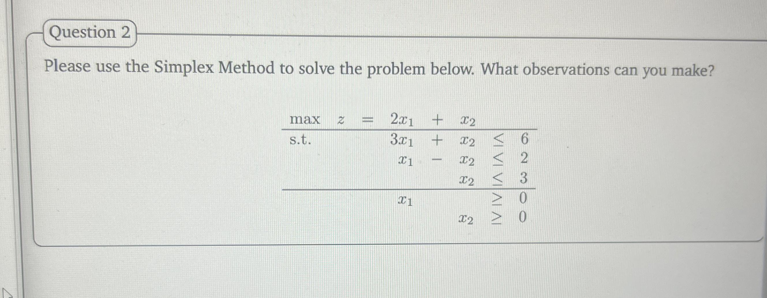  Question 2 Please use the Simplex Method to solve the problem