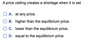  A price ceiling creates a shortage when it is set A.