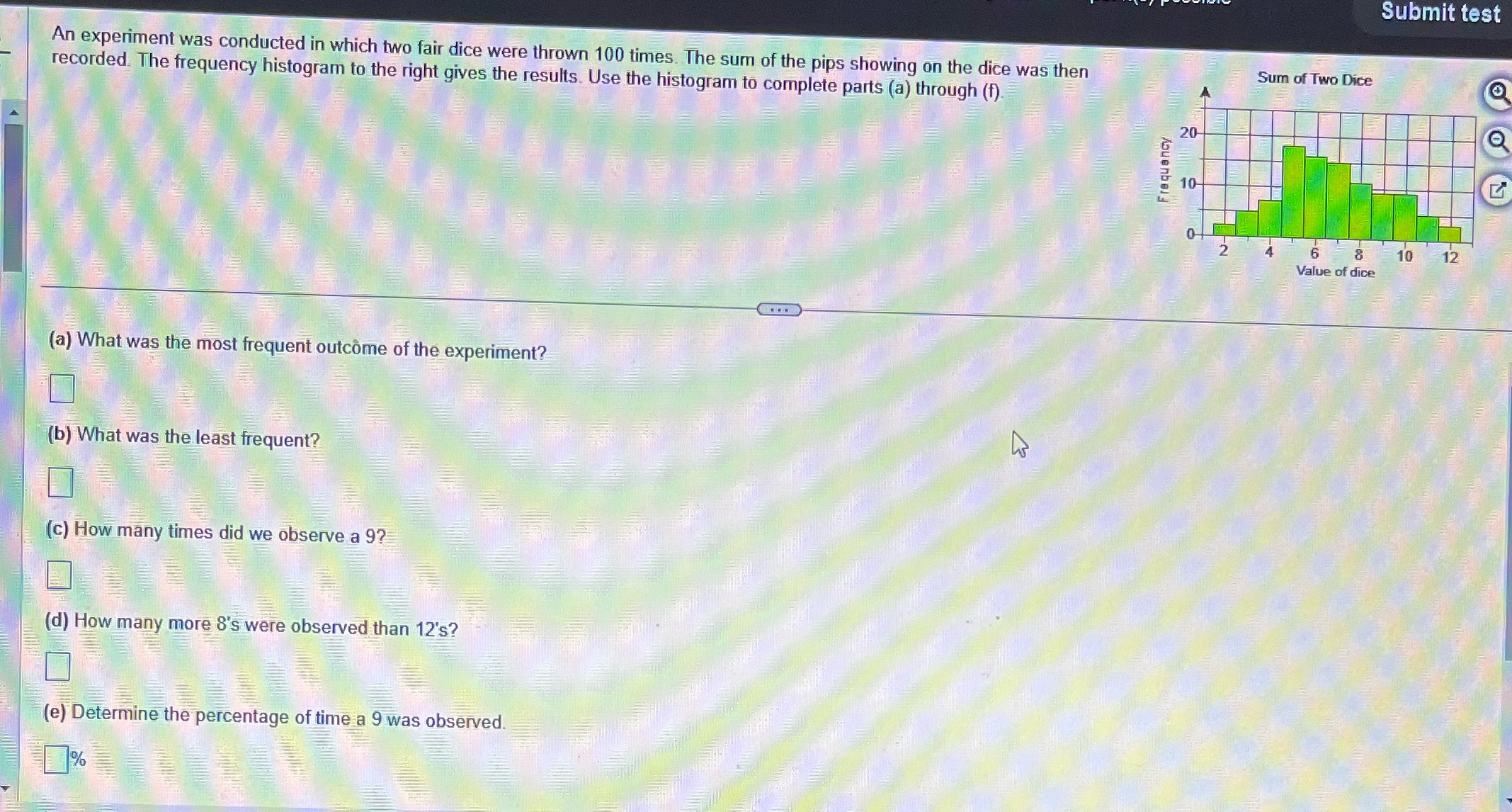  Submit test An experiment was conducted in which two fair dice