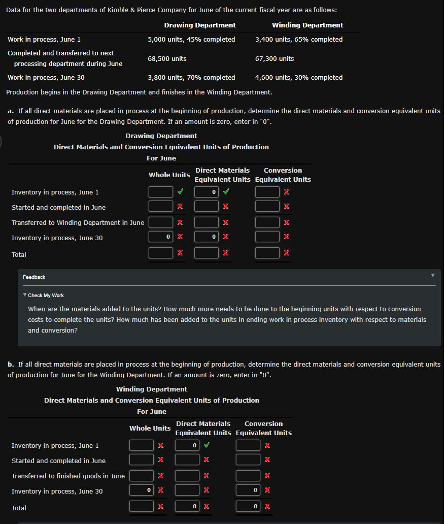 Data for the two departments of Kimble & Pierce Company for June